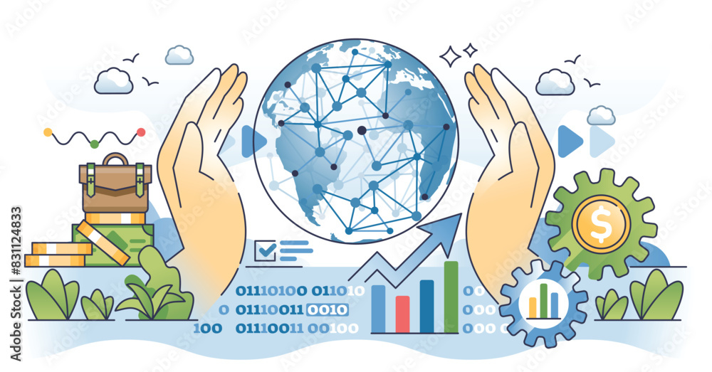 Poster big data in finance as information collection about money outline hands concept. economical database