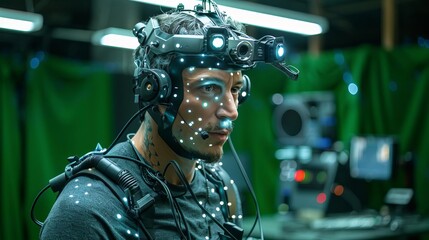 An artist in a motion capture suit performing a complex character scene for an animated film, surrounded by green screens and monitoring equipment