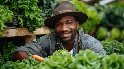 A smiling farmer holding a carrot in a greenhouse surrounded by lush greenery.