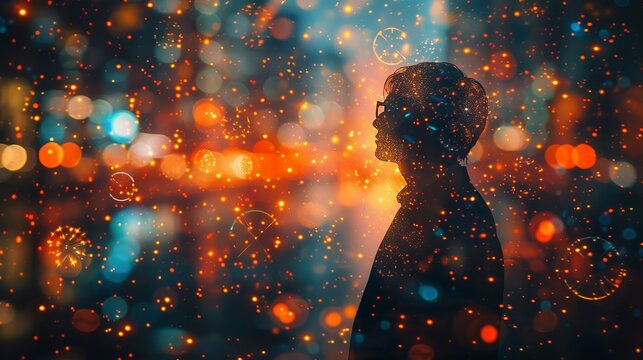 A businessmanâ€™s silhouette filled with swirling quantum particles and data streams, representing his immersion in digital innovation. Minimal and Simple style