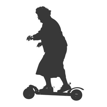 Silhouette: Elderly Woman Rides Electric Scooter, Modern Mobility.