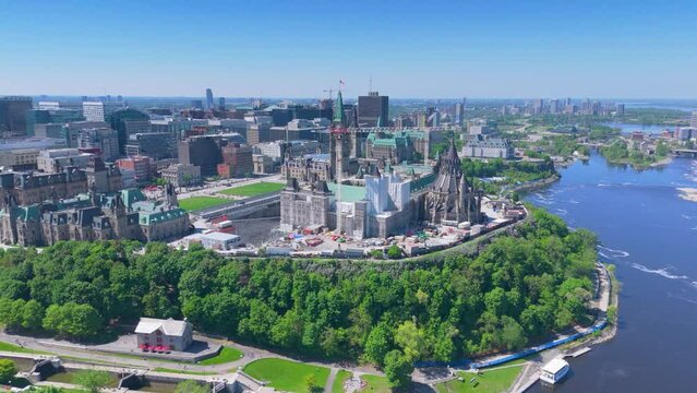 Majestic aerial view of the historic Parliament Hill and buildings over Ottawa, Ontario, Canada, showcasing the iconic architecture and surrounding cityscape.