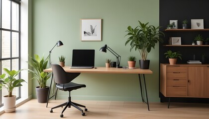 Blank sage green wall partition, white baseboard on the parquet floor in luxury, modern kitchen with wooden dining table, chair, cabinet, and cupboard. 3D Render