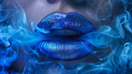 womans lips with metallic lipstick blowing blue smoke, vape shop banner