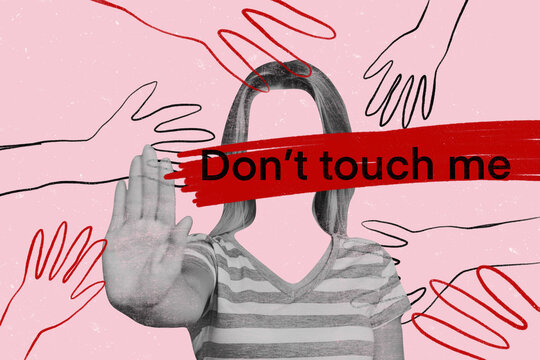 Sketch image trend artwork composite collage of abstract space silhouette faceless woman harassment bully gesture hand stop dont touch me