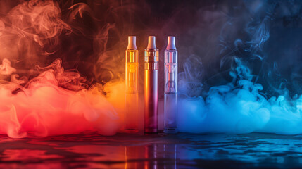 two rainbow disposable electronic cigarettes, colorful smoke around, dark background