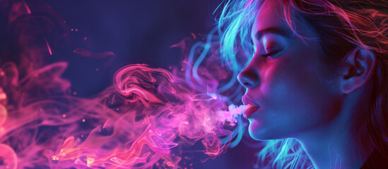 Modern vape shop banner featuring stylish woman vaping in an urban setting with neon lights and graffiti