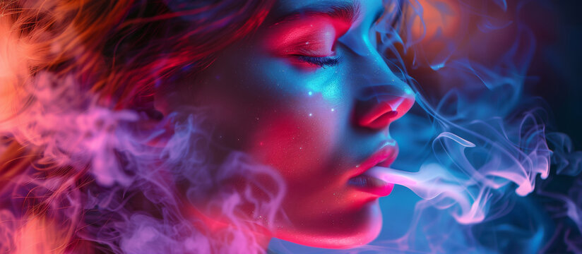 Modern vape shop banner featuring stylish woman vaping in an urban setting with neon lights and graffiti