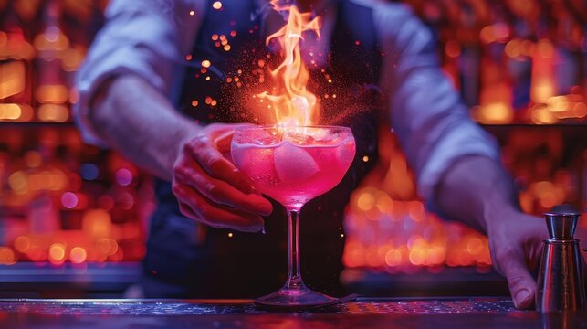 Professional bartender pouring drinks into glass in bar