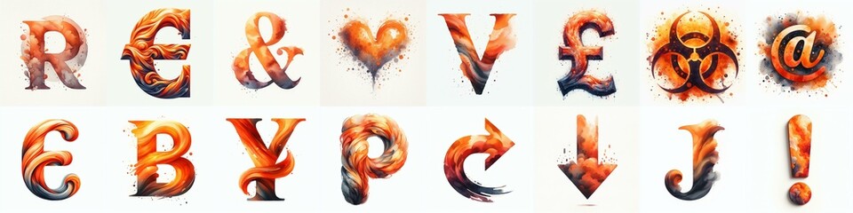 Orange watercolor Lettering Typeface. AI generated illustration