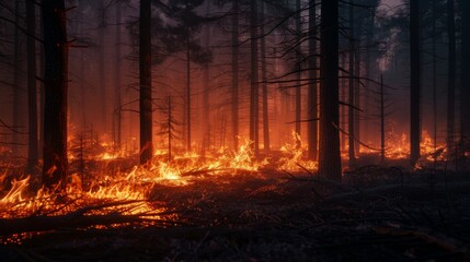 Fototapeta premium Eerie glow of flames illuminating a dark forest at night, evoking the danger and intensity of a wildfire
