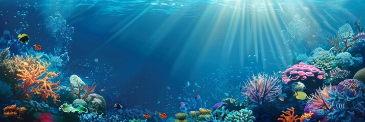 Fish and coral reefs under the sea. Underwater world with seaweeds and sea animals