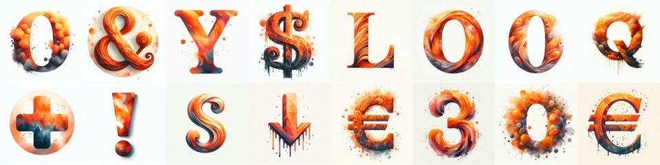 Orange watercolor Lettering Typeface. AI generated illustration