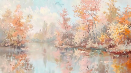 Gentle pastel background of a riverbank with autumn trees and reflections.