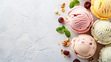 Top view of delicious ice cream on white background with copy space on left. Icecream day concept