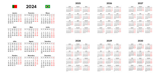 simple 2024 2025 2026 2027 2028 2029 2030 portuguese calendar grid, monday first, two weekends
