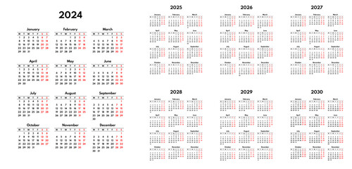 simple 2024 2025 2026 2027 2028 2029 2030 english calendar grid, monday first, two weekends
