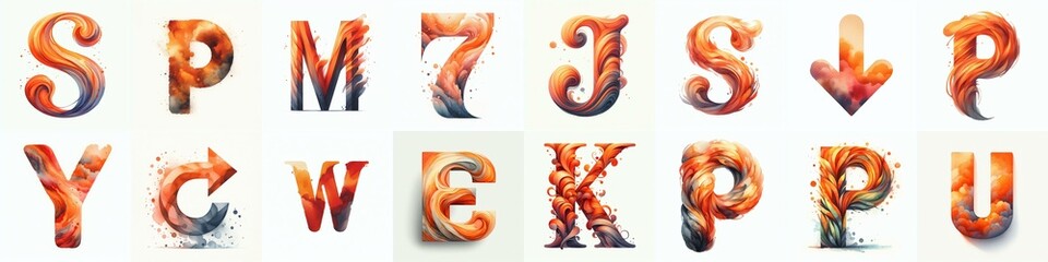 Fototapeta premium Orange watercolor Lettering Typeface. AI generated illustration