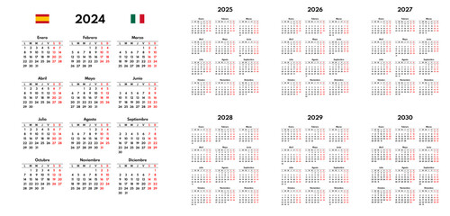 simple 2024 2025 2026 2027 2028 2029 2030 spanish calendar grid, monday first, two weekends