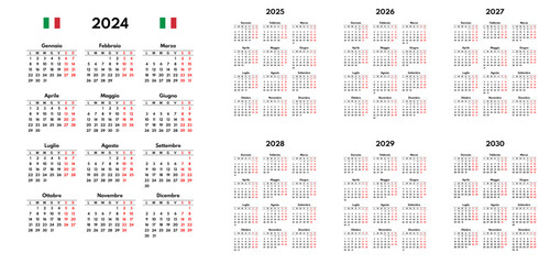 simple 2024 2025 2026 2027 2028 2029 2030 italian calendar grid, monday first, two weekends