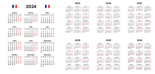 simple 2024 2025 2026 2027 2028 2029 2030 french calendar grid, monday first, two weekends