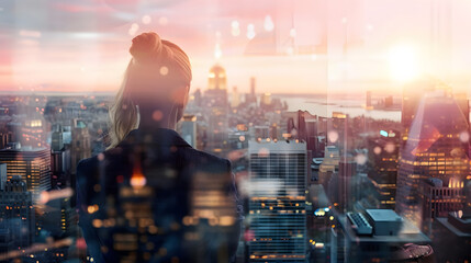 closeup photo of elegant businesswoman wearing blazer and looking at city skyline. double exposure,...