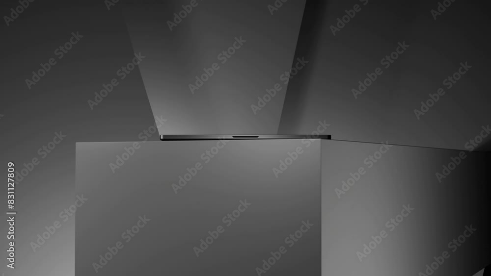 Poster laptop opens with a green screen on a white table, smooth zoom in, abstract moving background. minim