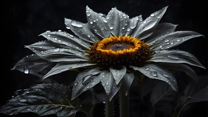 Against a dark backdrop, a monochromatic picture of a large sunflower with dewdrops on its petals