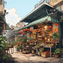 Traditional Asian market with street food, flat design, side view, bustling theme, cartoon drawing, complementary color scheme