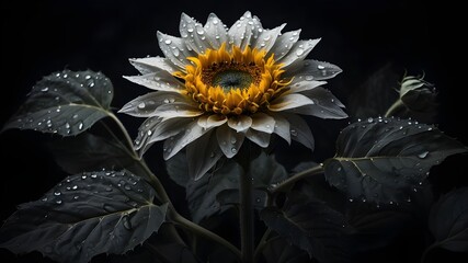 Against a dark backdrop, a monochromatic picture of a large sunflower with dewdrops on its petals