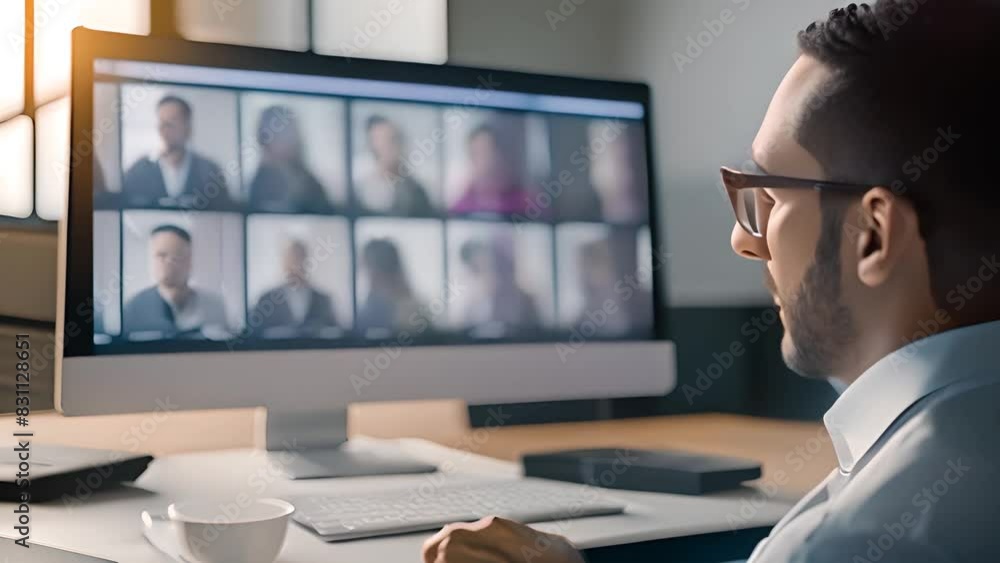 Poster man working at desk with computer generative ai
