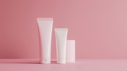 Product advertising shot of white cream tubes next to each other on pink background. Mock up concept