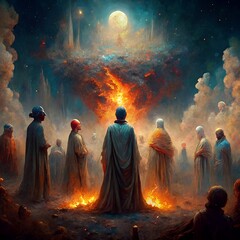 a group of people standing in front of a fire, metaphysical painting, flickering light
