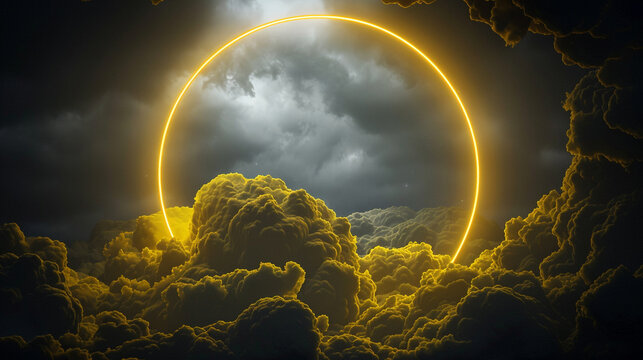 A swirling cloud in a dark sky framed by a bright mustard yellow neon ring, 3D landscape,