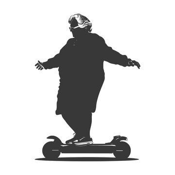 Silhouette: Elderly Woman Balancing on Electric Scooter, White Background.