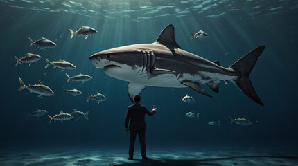 Fototapeta premium small-fish-with-ambitions-of-a-big-shark---business-concept