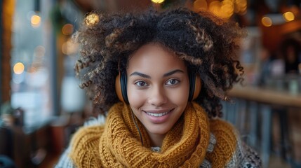 Smiling young woman with curly hair wearing headphones and a scarf, looking at the camera in a cafe.