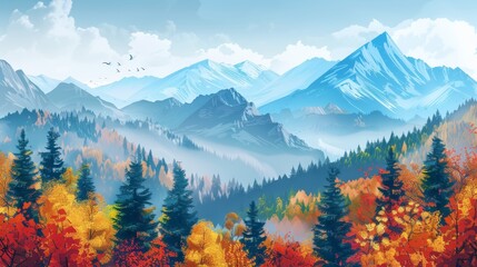 Scenic autumn view with pastel mountains and a valley filled with colorful trees.