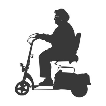 Silhouette of Elderly Woman Riding Mobility Scooter on White.