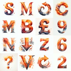 Orange watercolor Lettering Typeface. AI generated illustration