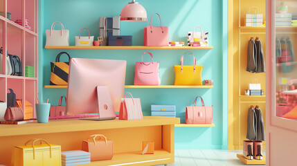 Colorful modern retail store with stylish handbags and accessories on shelves, vibrant decor and an organized layout.