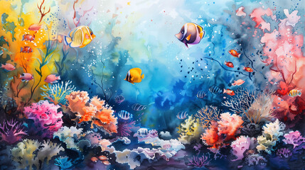 A vibrant watercolor painting of an underwater scene with colorful coral reefs, exotic fish swimming around and sea plants in the background, Generate AI