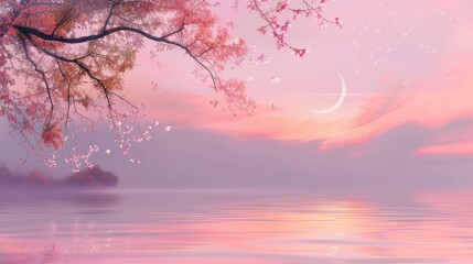 Pastel background of a tranquil autumn evening with a crescent moon.