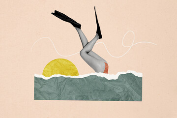 Composite photo collage of young girl ass swim water undersea flippers scuba dive summer vacation hobby isolated on painted background © deagreez