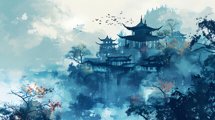 ancient mountains rich of cloud landscape illustration abstract background decorative painting
