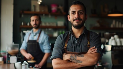 Obraz premium Successful small business owner standing with crossed arms with employee in background preparing coffee : Generative AI