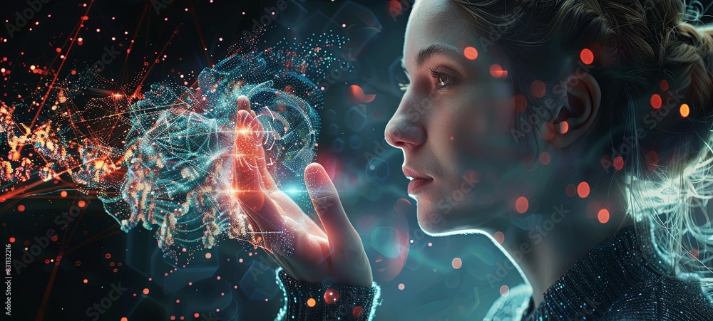 Poster big data concept. digital neural network. business woman touching her hand. introduction of artifici