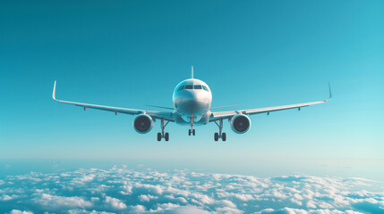 Obraz premium Commercial Airplane Flying in Clear Blue Sky with Clouds