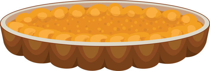 Festive cartoon pumpkin pie illustration for thanksgiving holiday dessert with sweet and delicious homemade pastry, traditional seasonal treat, isolated vector graphic design in autumn background