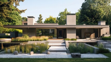 Obraz premium Exterior view of a minimalist suburban home, with a flat roof, geometric shapes, and a minimalist landscaping design, showcasing modern residential architecture